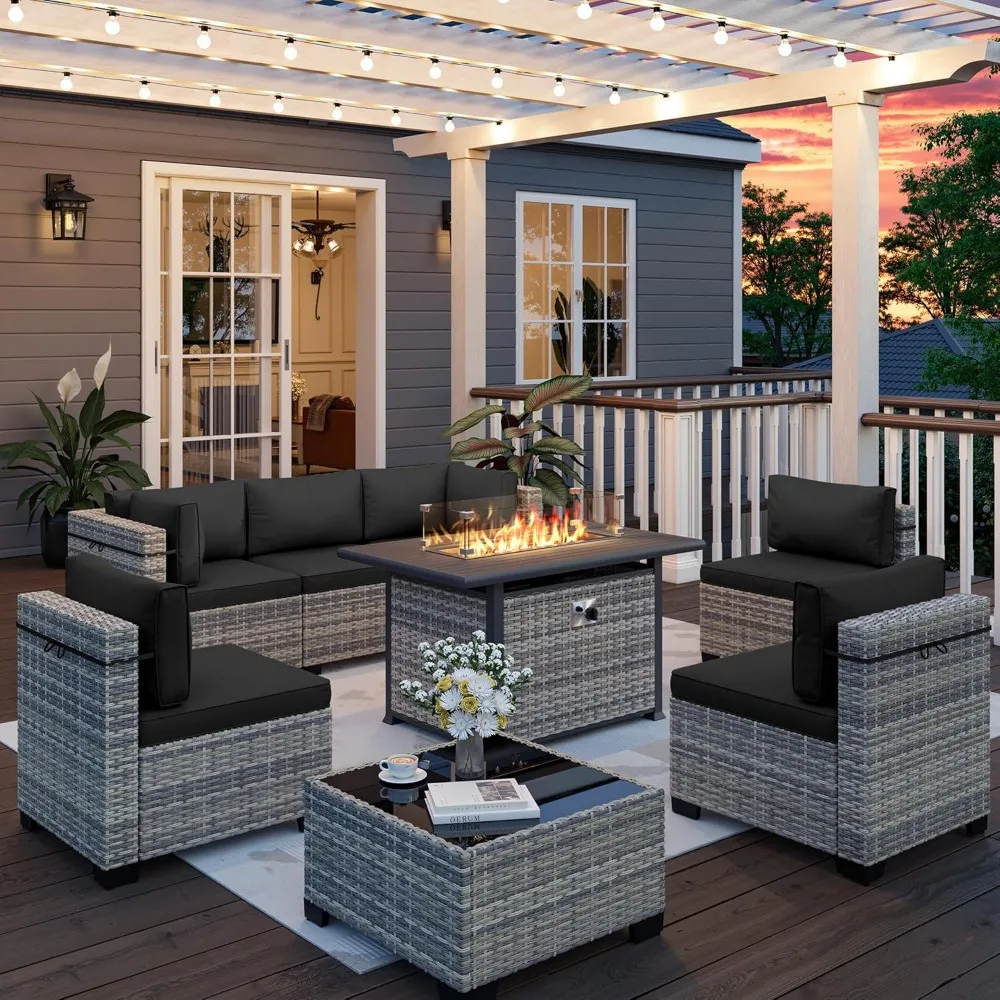 8-Piece Outdoor Patio Furniture Set with 55,000 BTU Fire Pit Table, PE Wicker Rattan Sectional Sofa Conversation Set