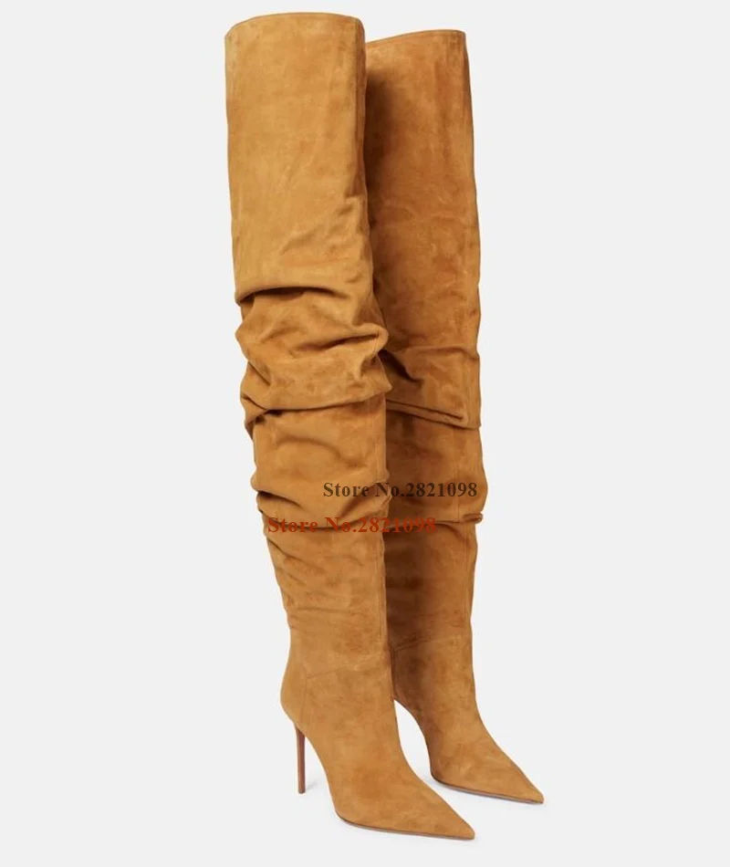 

Замшевые Сапоги выше колена с рюшами, до бедра, с острым носком, женские сапоги с острым носком, тонкий высокий каблук, стрейчевая ткань, длинный бот