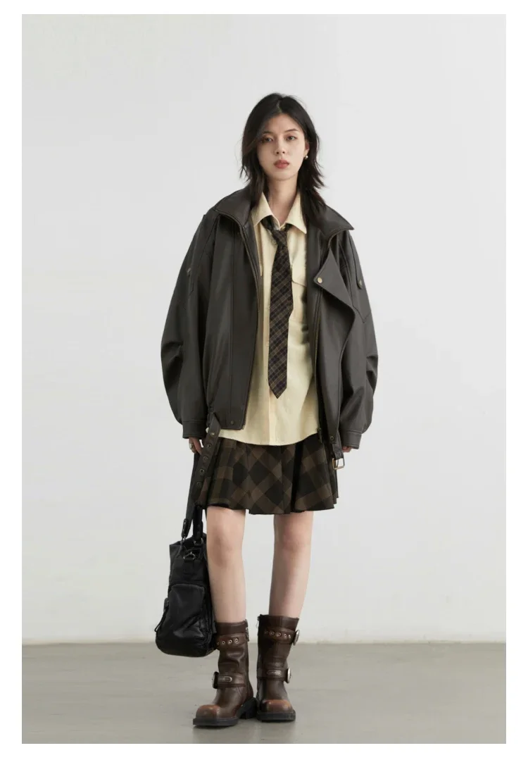 CHIC VEN Women PU Jacket New Loose Retro Motorcycle Faux Leather Quilted Coat Female Overcoat Thick Warm 2025 Spring Autumn Top