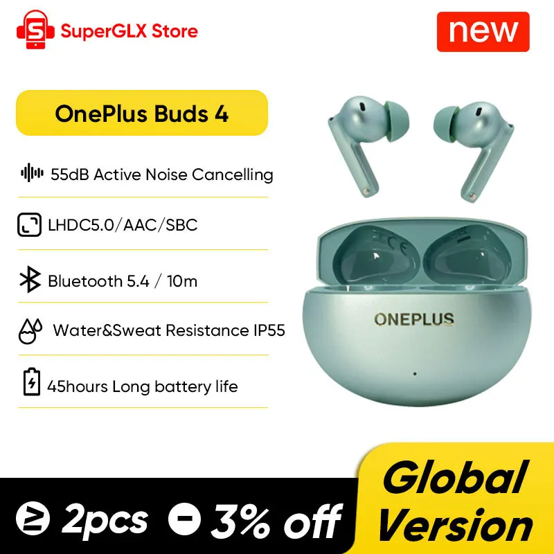 אוזניות OnePlus Buds 4 גרסה גלובלית, אלחוטיות לחלוטין, עם ביטול רעשים בדיבור מבוסס בינה מלאכותית 55dB, טווח ארוך, עמידות למים IP55, ניידות.