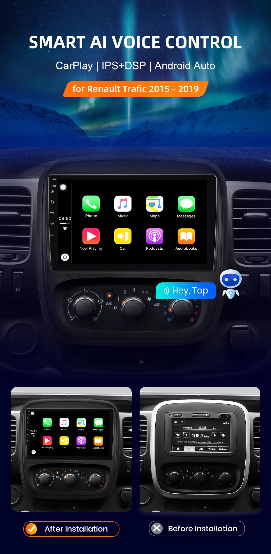 Für Renault Trafic 2015 2016 Drahtlose CarPlay für Apple Android Auto Auto Radio GPS IPS RDS FM WiFi BT 4G 8 Core Multimedia Stereo – Detail 1