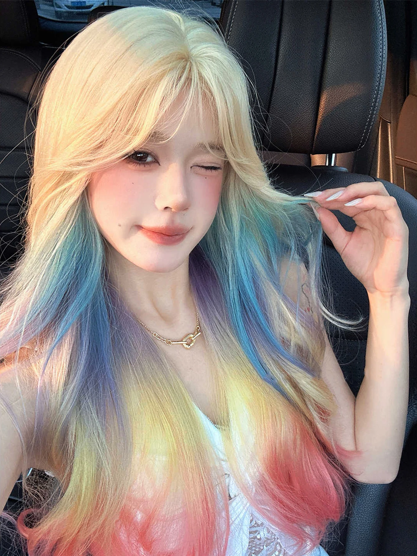 Synthetic Rainbow Ombre Wig with Bangs for Women