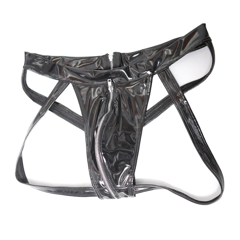 Men Sexy Briefs Faux Leather T Shorts Strapes Full Zip Crotch Black Stylish