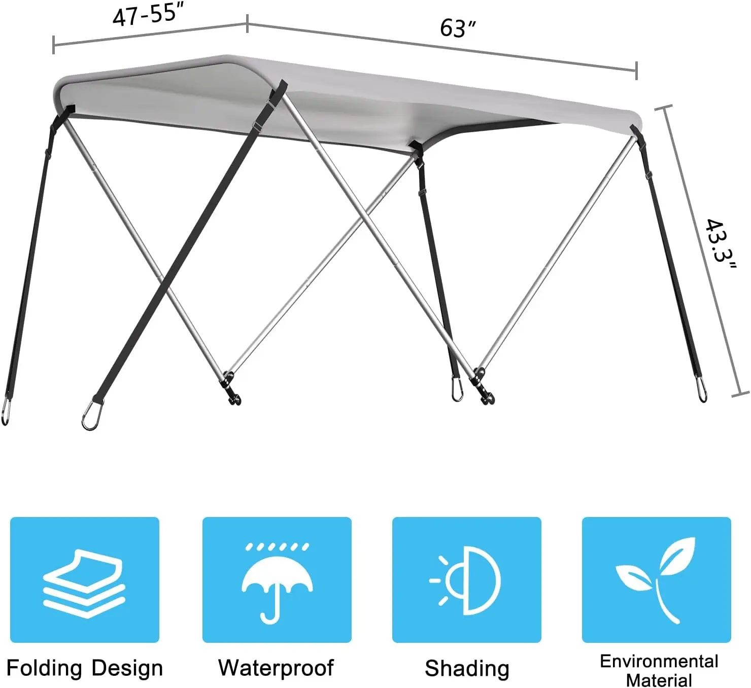 Foldable Bimini Top Boat Cover Canopy Cover 2Bow Bimini Top(63" L 39&lsquo;&rsquo;-55&lsquo;&rsquo; W 43.3" H) Suitable for Boats of 3.2-4.5 FT