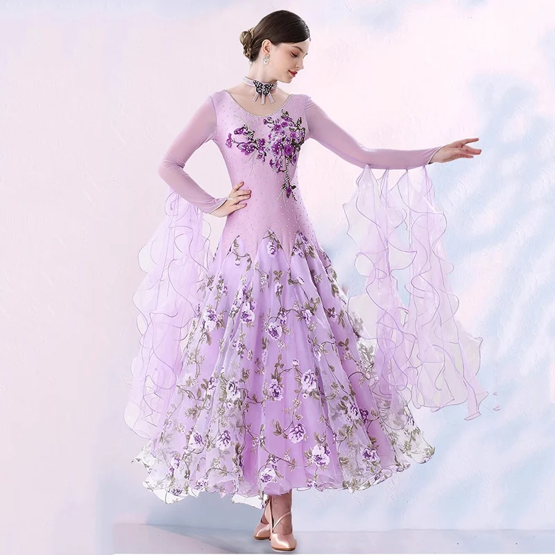 Women's Performance Party Embroidery Rhinestones Ballroom Dance Dress Long Sleeve Modern Waltz Costumes