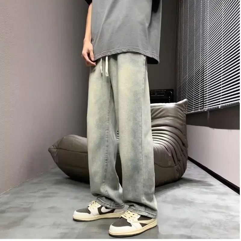 

American Style Baggy Jeans Men Autumn High Street Wide Leg Denim Pants 2023 Versatile Elastic Waist Straight Denim Trousers A30
