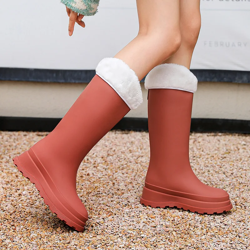New Fashion 38cm High Tube Women's Rain Boots PVC Outdoor Non-slip Warm Fur Rain Boots Comfortable Thick Bottom Waterproof Shoes