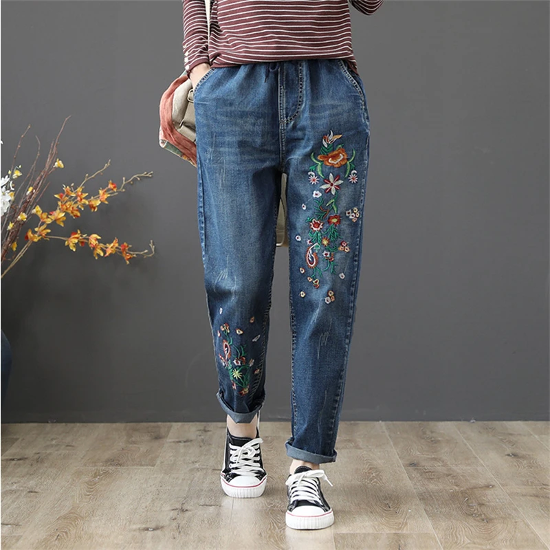 Calça jeans feminina bordada com flor vintage, calça chinesa de