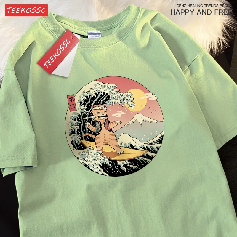 Japanese Harajuku Surfing Cat Print Tshirts Men Women Creativity O-Neck T Shirts Cotton Summer Tops Cartoon Loose Street Clothes