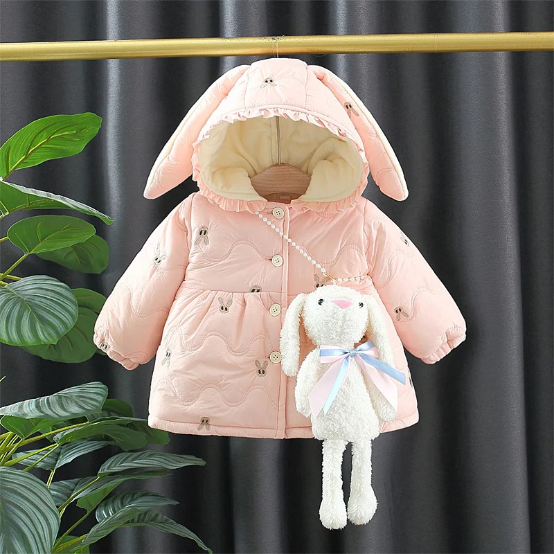 Winter New Cartoon Rabbit Long Sleeved Baby Girl Coat, Pink Thick Warm Children'S Clothing (9 Months -3 Years Old)