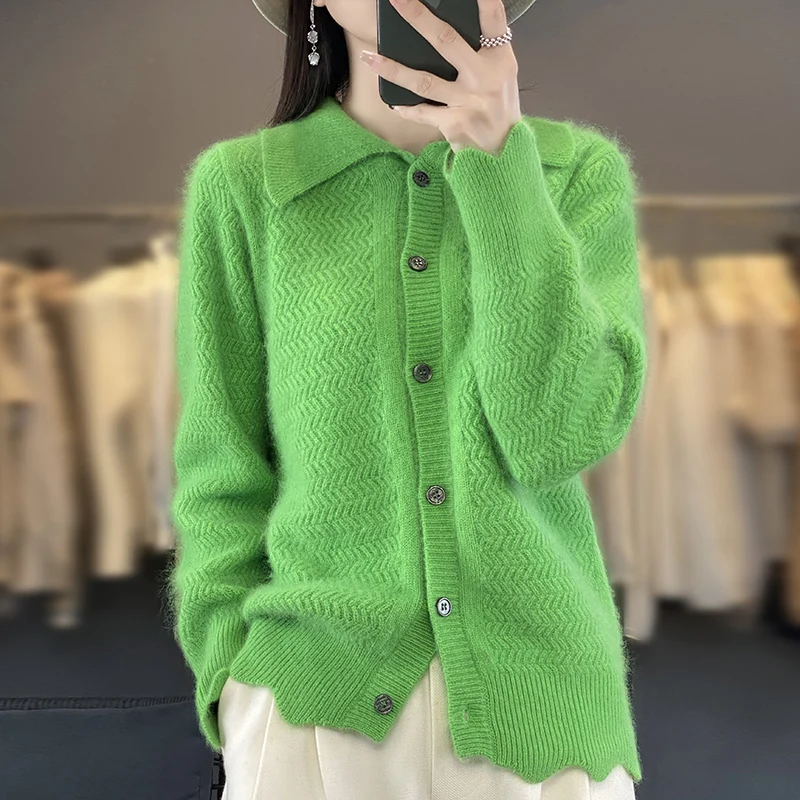 

Early spring new 100% mink cashmere knitted cardigan women's lapel sweater solid color long sleeved jacket fashion casual top