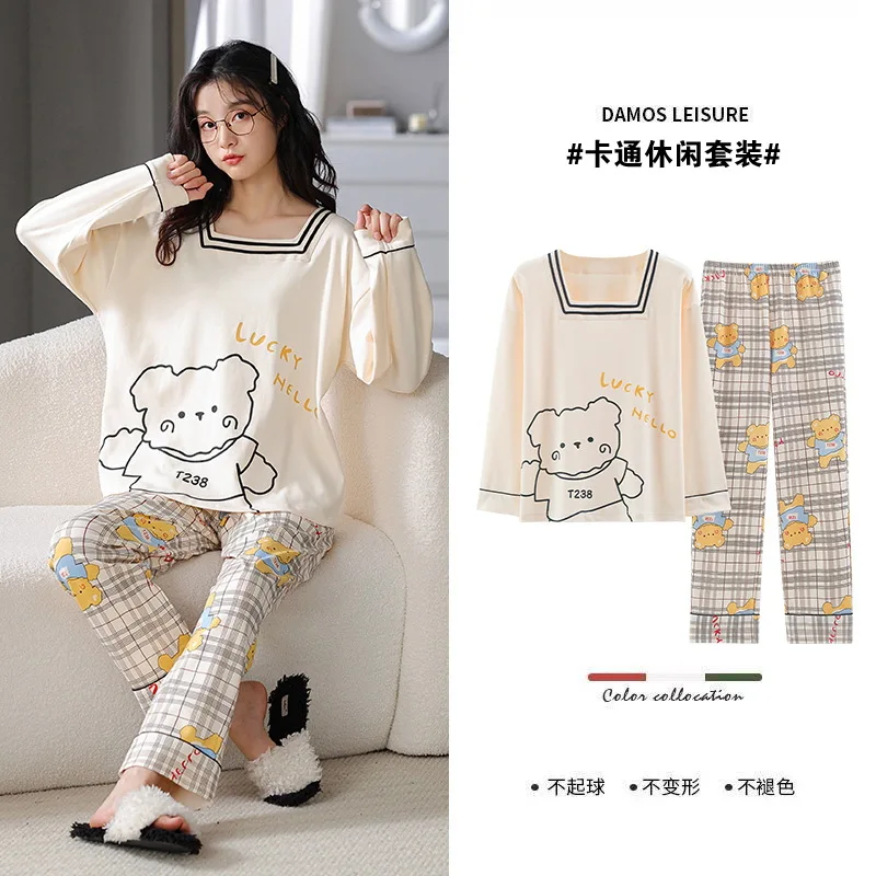 

Spring Cute Cartoon Cotton Pajama Set Women Two-pieces Long Sleeve Sleepwear Underwear Girls Pajama Sets Femme Free Ship