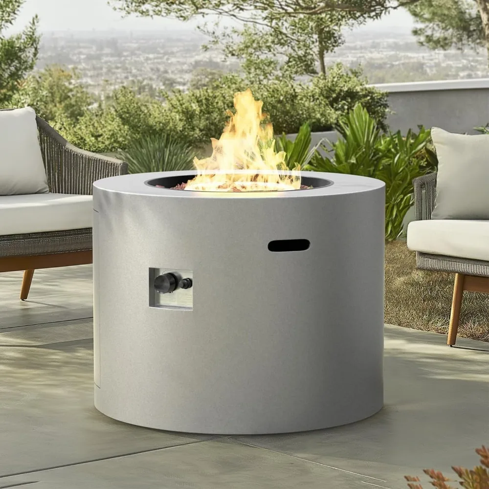 32 Inch Multifunctional Fire Pit Table, Circular Gas Fire Pit, Alloy Steel Veneer, Weather Resistant Propane Pit Table