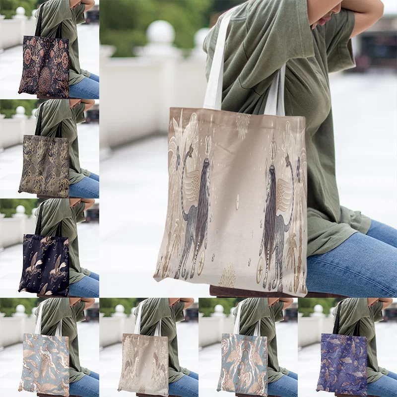 

High Quality Canvas Pouch Casual Large Handbag Women's Environmental Shopping Handbag Elk Printing Large Capacity Washable Bag
