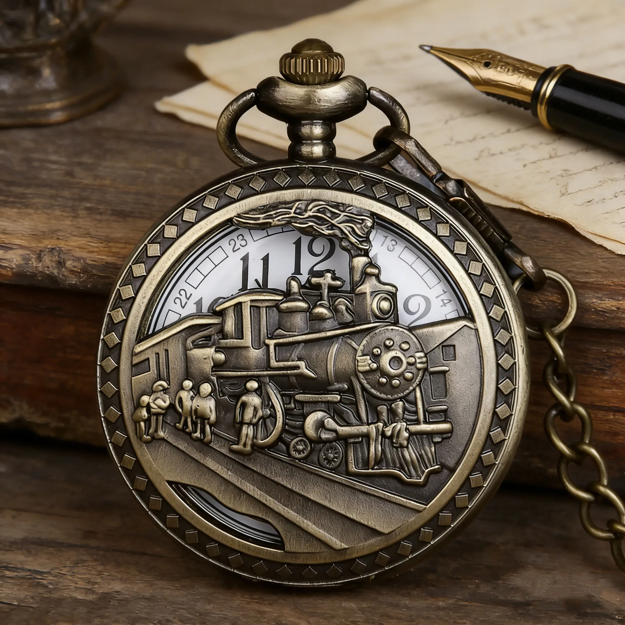 Antique Skeleton Pocket Watches Men Women Fashion Quartz Clock Bronze Train Design Alloy Pocket Watch With Chain Necklace
