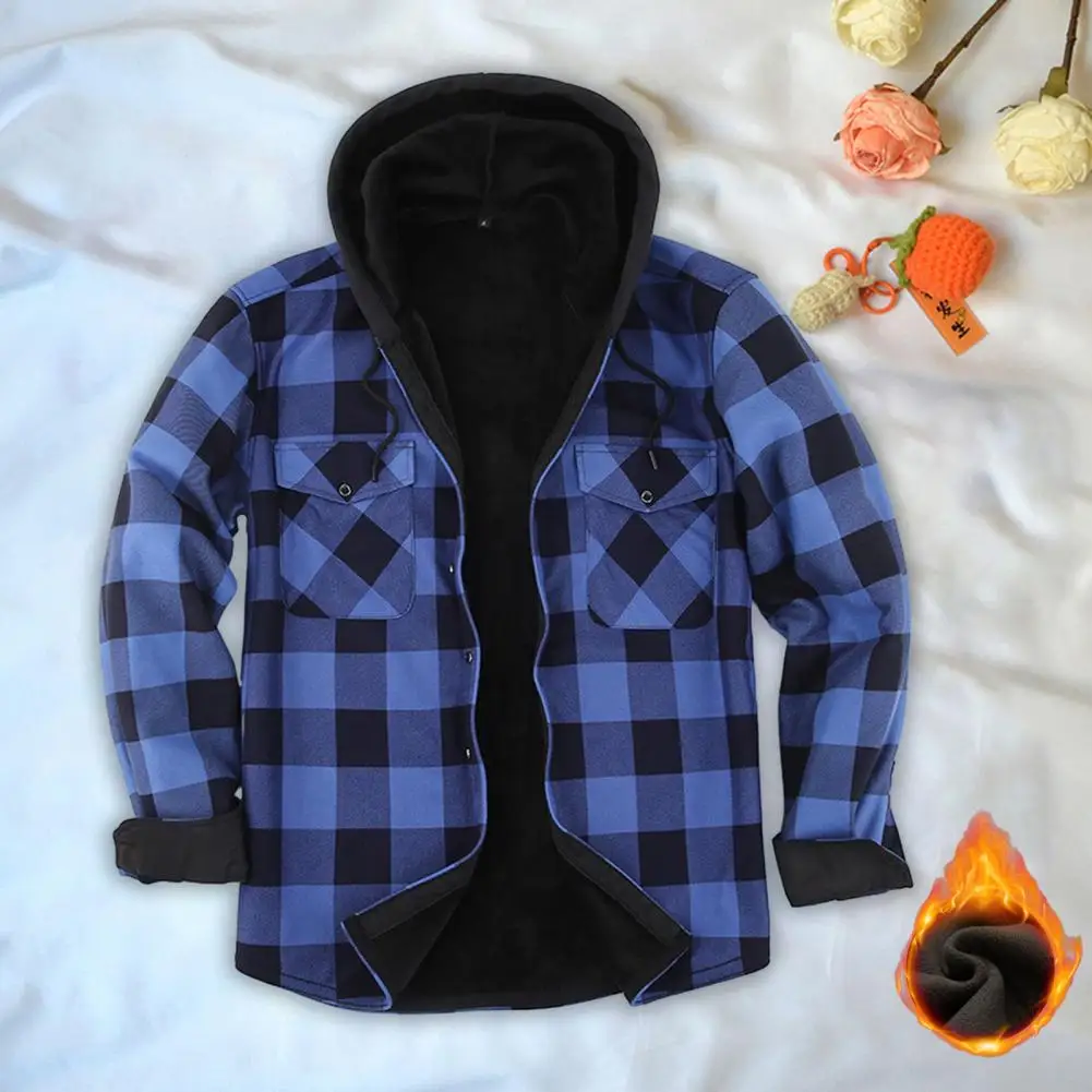 

Plaid Shirt Jacket Stylish Men's Plaid Print Cardigan Coat Warm Hooded Single-breasted for Fall Winter Fashion Men Thick Shirt