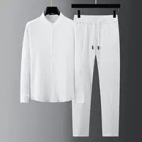 Spring/Summer New Casual Light Thin Set For Men Stripe Standing Neck Man Shirt Paired With Pants Style White Suit 2024 Autumn 1