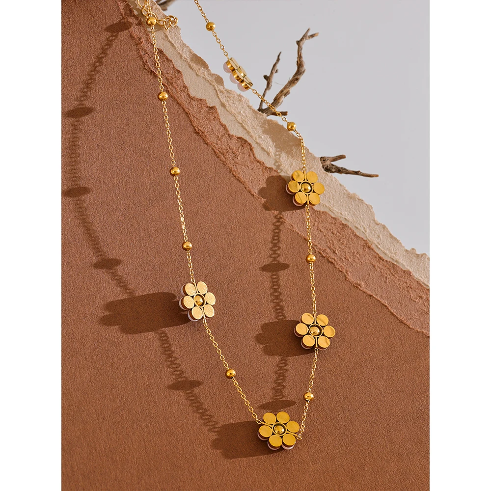 Yhpup Handmade Flower Necklace Women 18K Gold PVD Stainless Steel