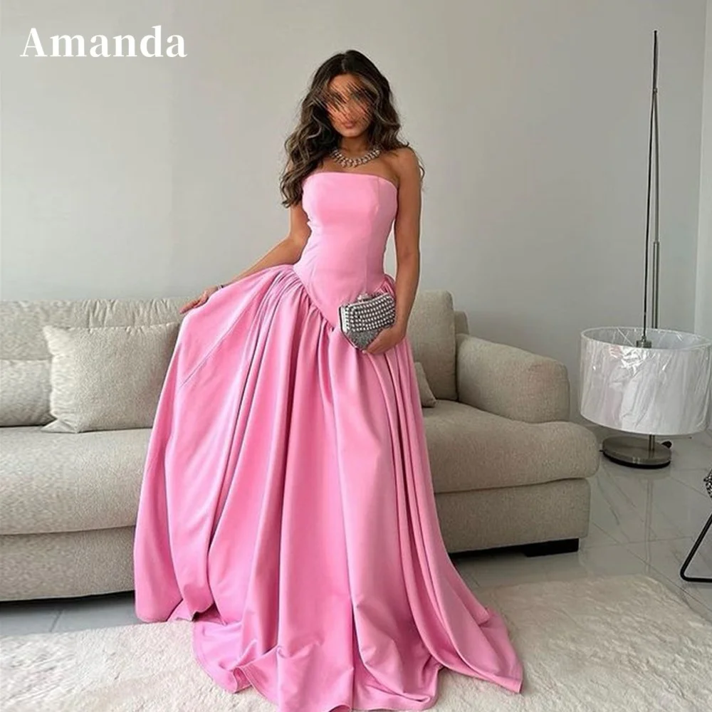 

Amanda Strapless A-line Vestidos De Noche Sexy Satin Evening Dress Simple A-line Prom Dress 2023 Sleeveless فساتين مناسبة رسمية