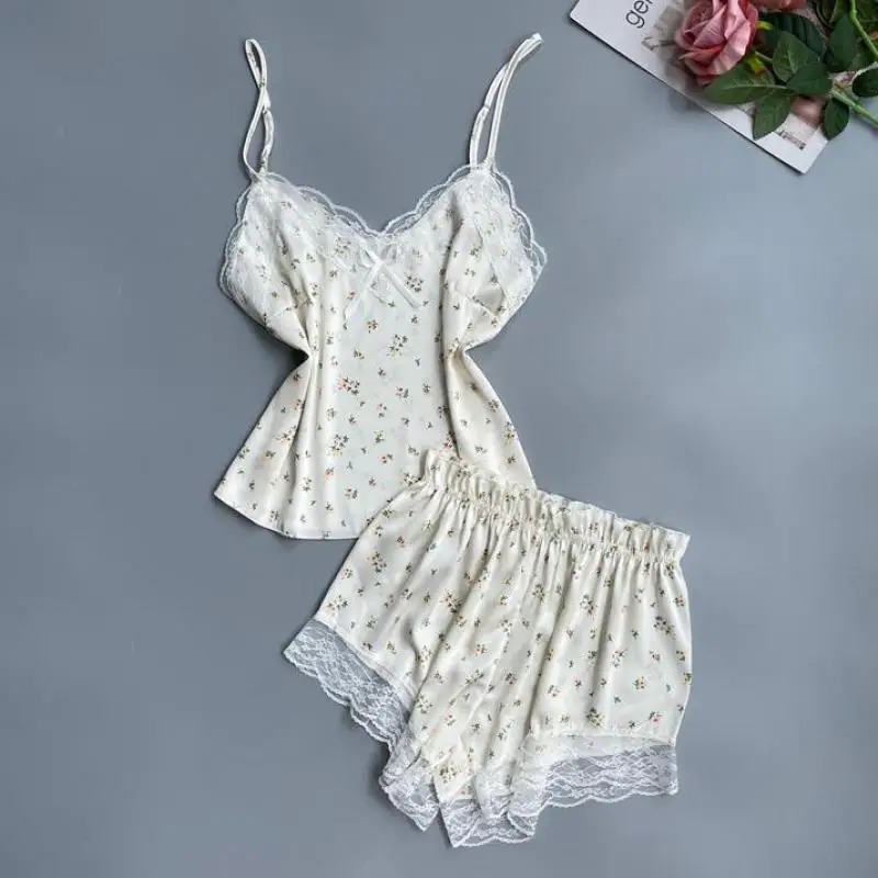 

Sexy Lace Floral Pajamas Set Lady Satin V-Neck Cami&Shorts Sleep Suit Casual Backless Deep Sleepwear Homewear Summer Lingerie