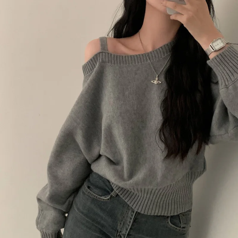 Korean Women's Off Shoulder Strap Knitwear Sweater New Design Diagonal Shoulder Short Top Elegant Sexy Bat Sleeve Sweater свитер