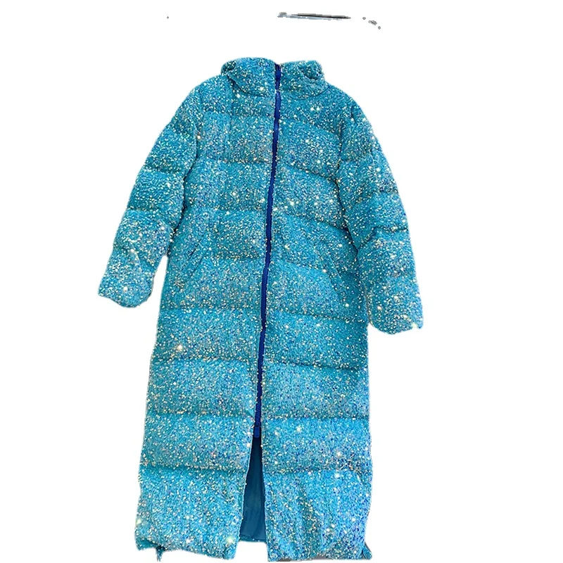 Long Colorful Sequined down Jacket Coat Women 2023 Winter New Heavy Industry Hooded Long Sleeve Thickened Warm Jacket Female