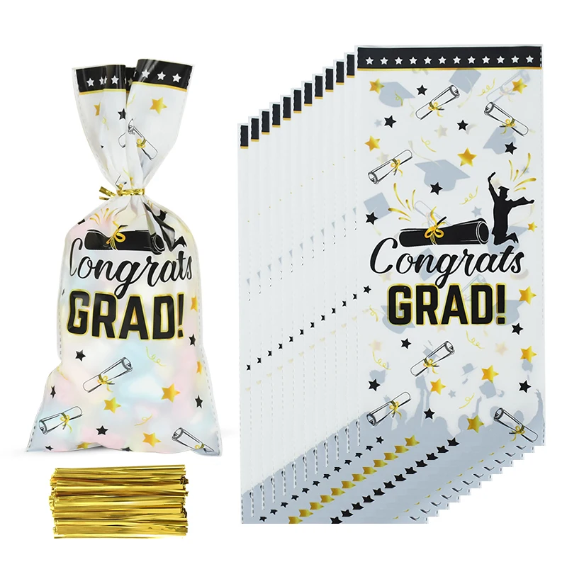 

100 Pieces Graduation Congrats Grad Candy Bags Plastic Goodie Wrapping Bags with Gold Twist Ties for Graduation Party Supplies