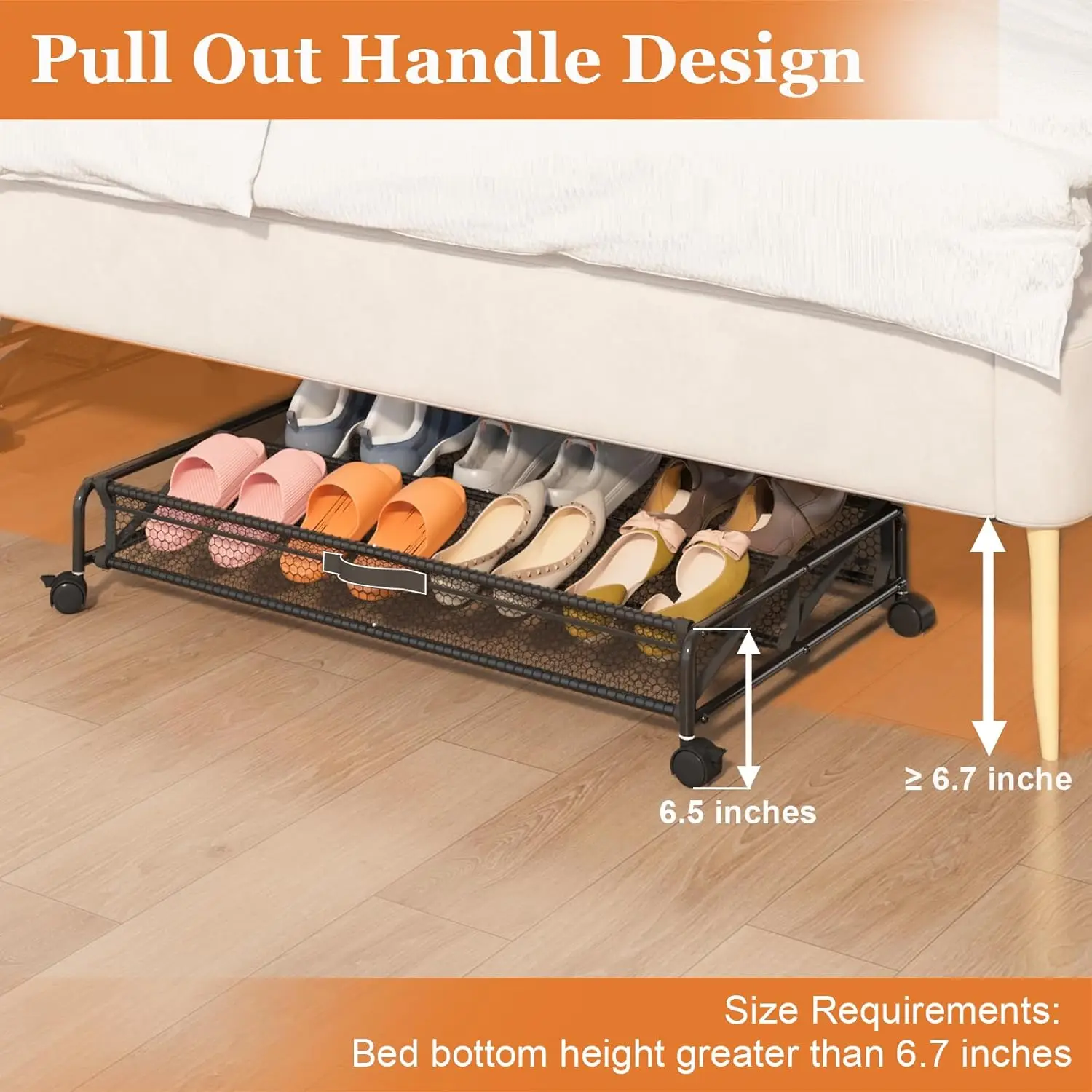 Under Bed Shoe Storage with Wheels, 2 Pack Rolling Under Bed Storage Containers for Shoes Metal Shoe Rack Organizer