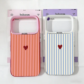 INS Cute Small Love Heart Fresh Phone Case For iPhone 16 17 Pro 15 17 Air 14 Plus 13 12 11 Pro Max Pink Blue Striped IMD Cover 1