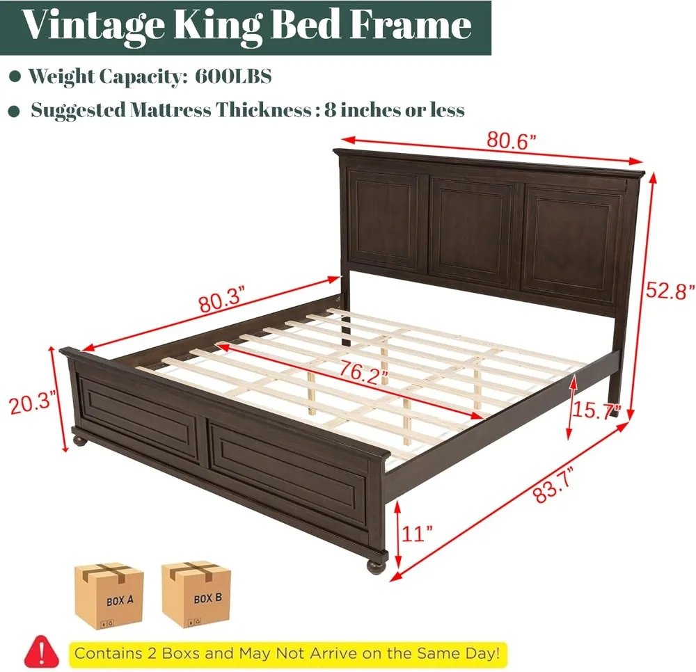 King Size Platform Bed with Tall Headboard & Footboard, Pinewood King Bed Frame with Wood Panel 2