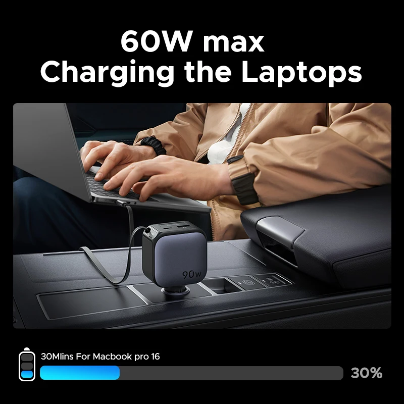 UGREEN 145W 90W 60W Car Charger 3 USB-C & 1 USB-A Ports PD QC4.0 Fast Charging with Retractable Cable for iPhone 15 Pro MacBook