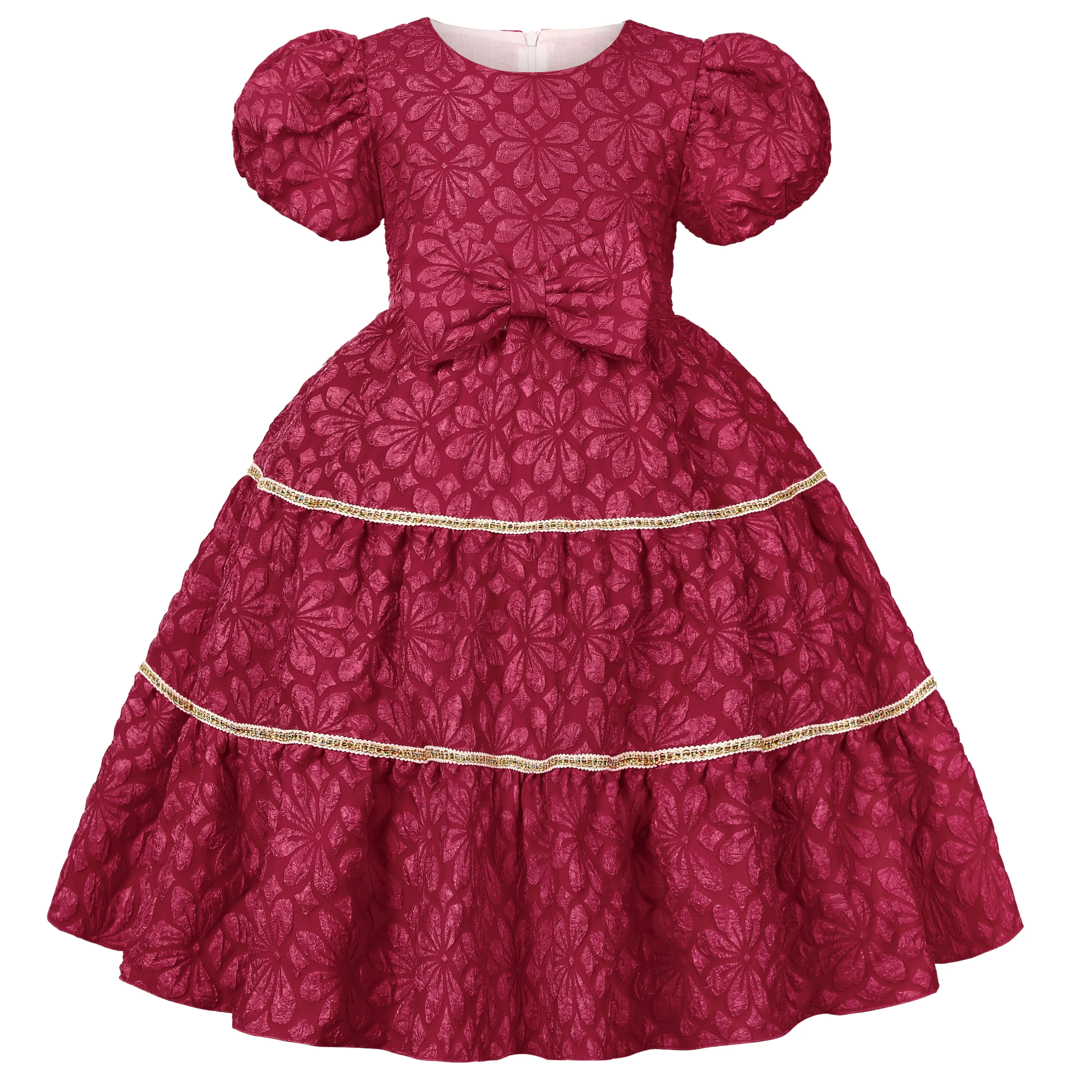 2026 New Europe and America Holiday Party Children's Dress Bubble Sleeve Dress Bow Princess Dress