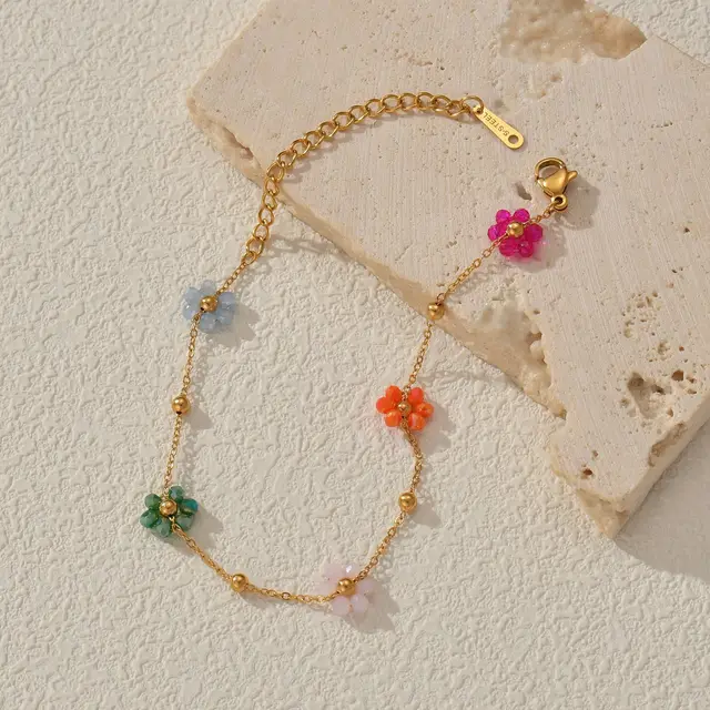 Freeteeme Bracciale fiore colorato moda per donne Ragazze Gioielli in acciaio inossidabile Perline color oro Catena Regalo di San Valentino 4