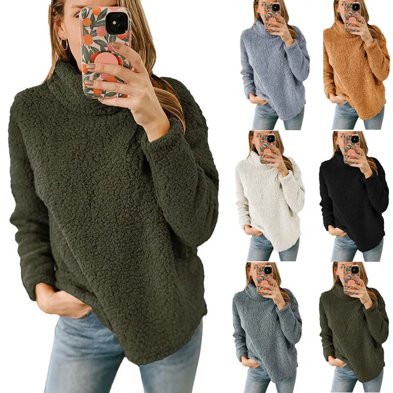 

2023 Autumn and Winter Women's Street High-necked Pure Color Plush Hoodies Top Oversize Casual Long Sleeve Pullover Sweatshirts