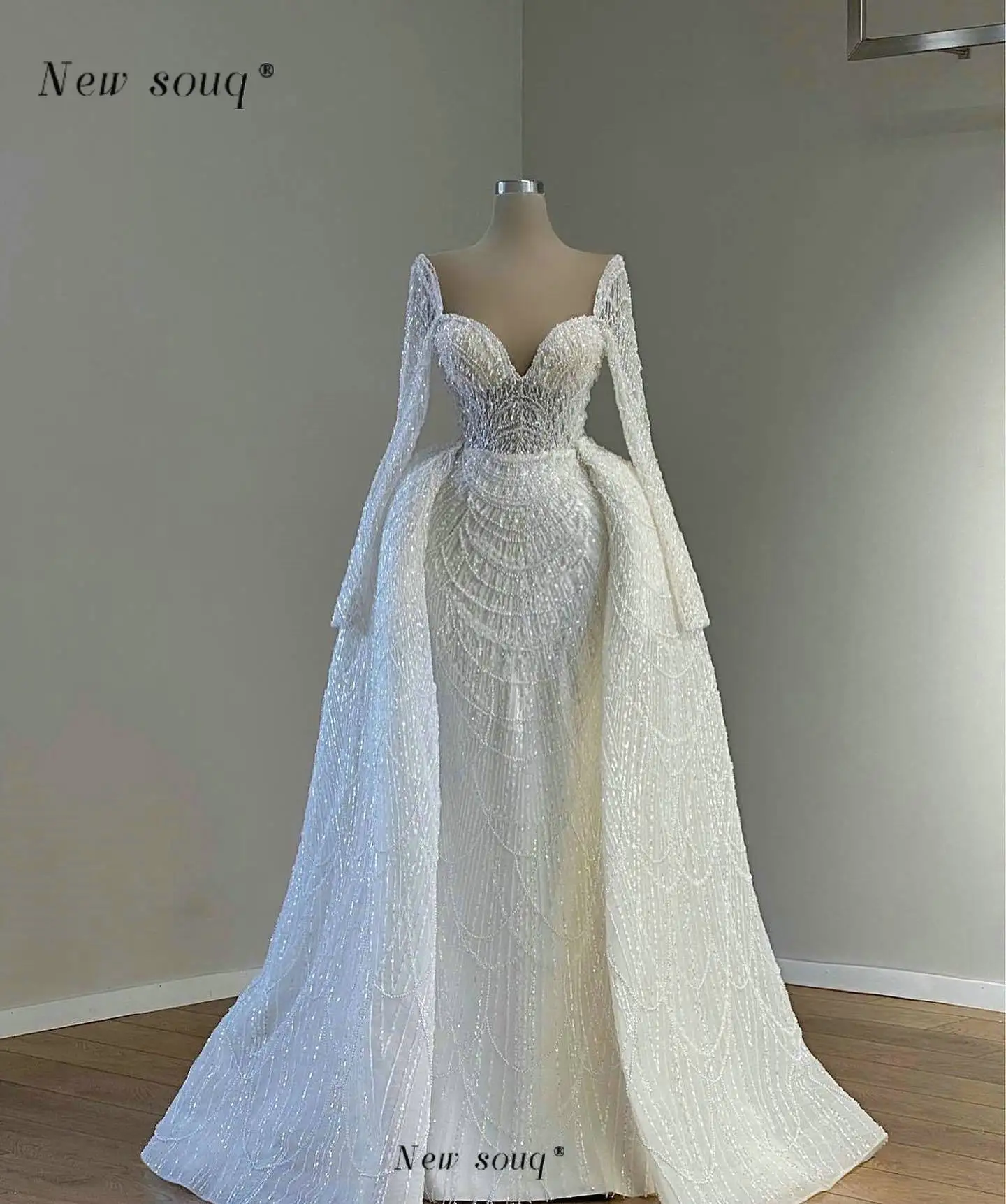 

Elegant Long Sleeves Mermaid Ｗedding Dresses with Detachable Train Two Pieces Overskirts Bridal Gowns for Women Brides