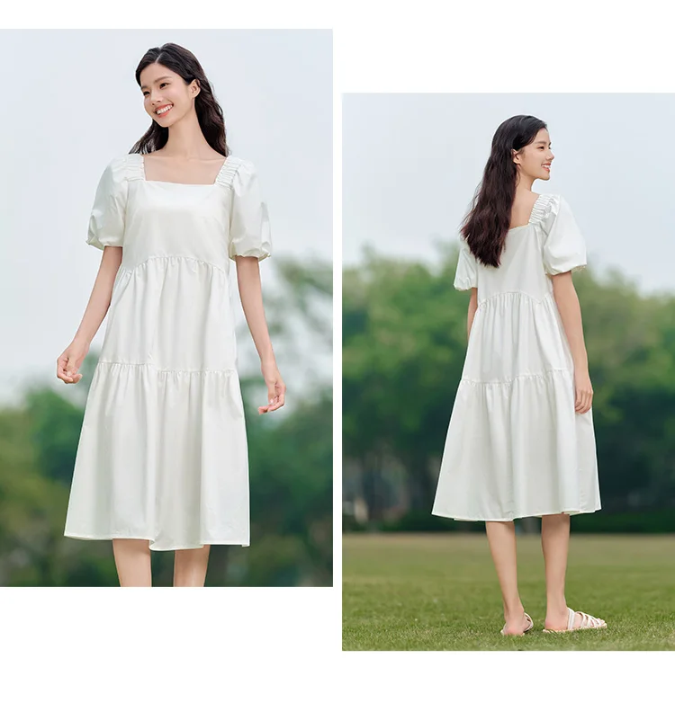 Dress Women Gentle And Feminine Style With Ruffled Trim And Square Neckline Summer New Bubble Sleeves Doll Dress
