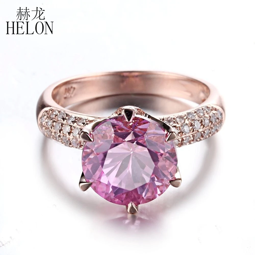

HELON однотонное 14K розовое золото 9 мм круглый розовый топаз бриллианты обручальное кольцо для женщин фотосессия