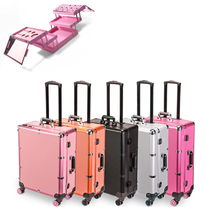Travel Luggage Professional Rolling Cosmetic Case Beauty Makeup Trolley LED Light Mirror Aluminum frame Folding table