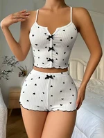 Ensemble de pyjama sexy à imprimé cœur pour femmes, vêtements de nuit en soie, col en V sans manches, haut décontracté et short, vêtements de détente 4