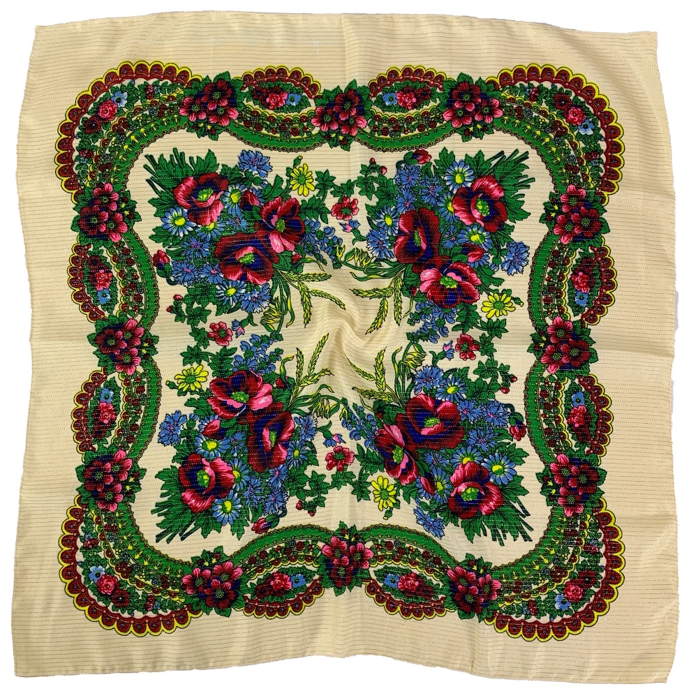 

70cm Gold Thread Floral Printed Russian Scarf Ukrainian Shawl Babushka Square Bandana Female Head Wrap Scarf