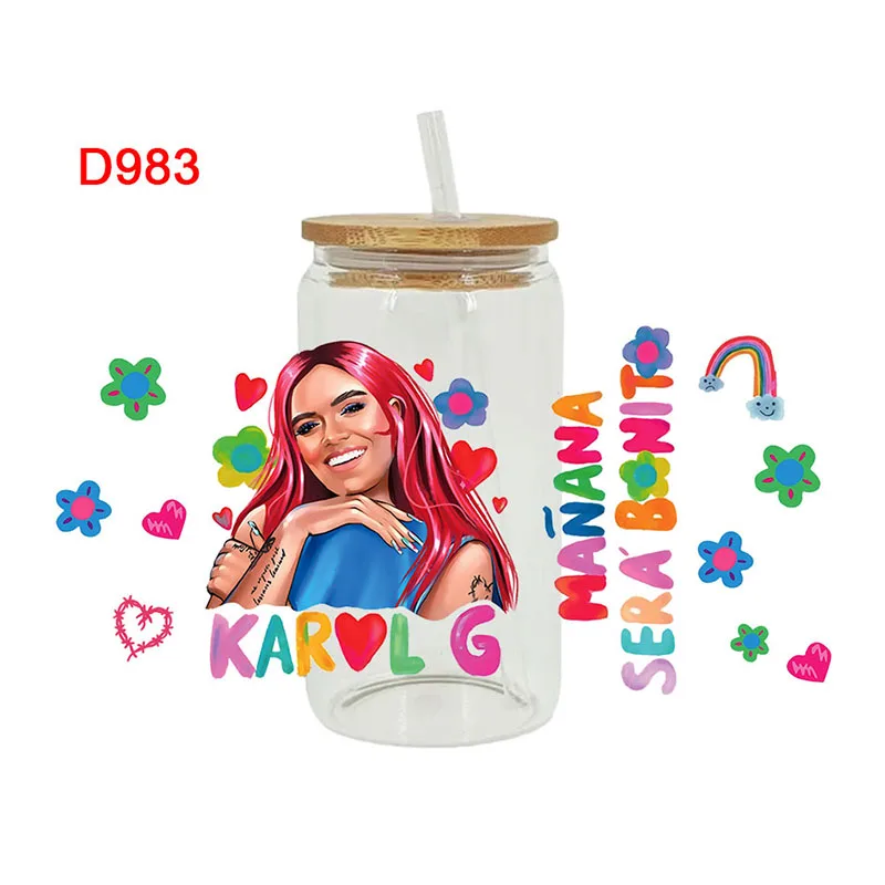 UV DTF Karol g Transfer Happy Juice Printed Sticker for 16oz Libbey Glasses Wraps Bottles Cup D977