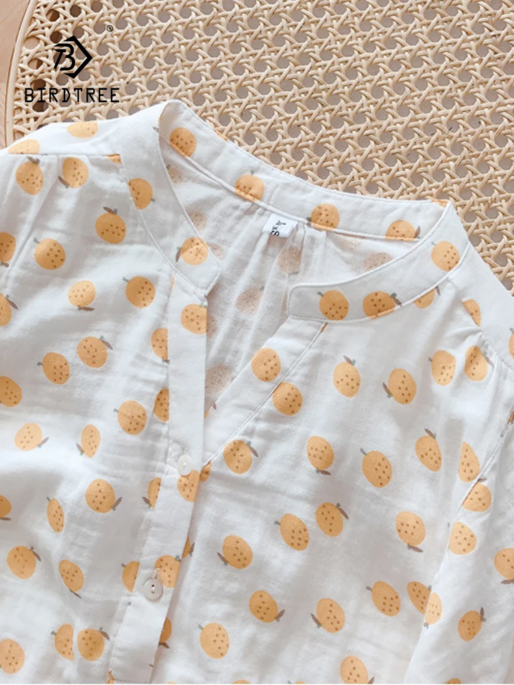 New Spring Cotton Yarn Sweet Shirt Donna O Neck Manica A Pipistrello Fashion Top Girl Orange Print Camicetta Casual 2024 Autunno T44380Qc