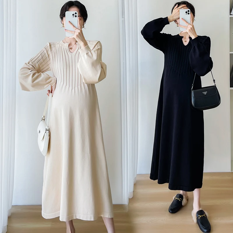 

182# Autumn Winter Thick Warm Knitted Maternity A Line Dress Long Sweaters Clothes for Pregnant Women Pregnancy Clothing