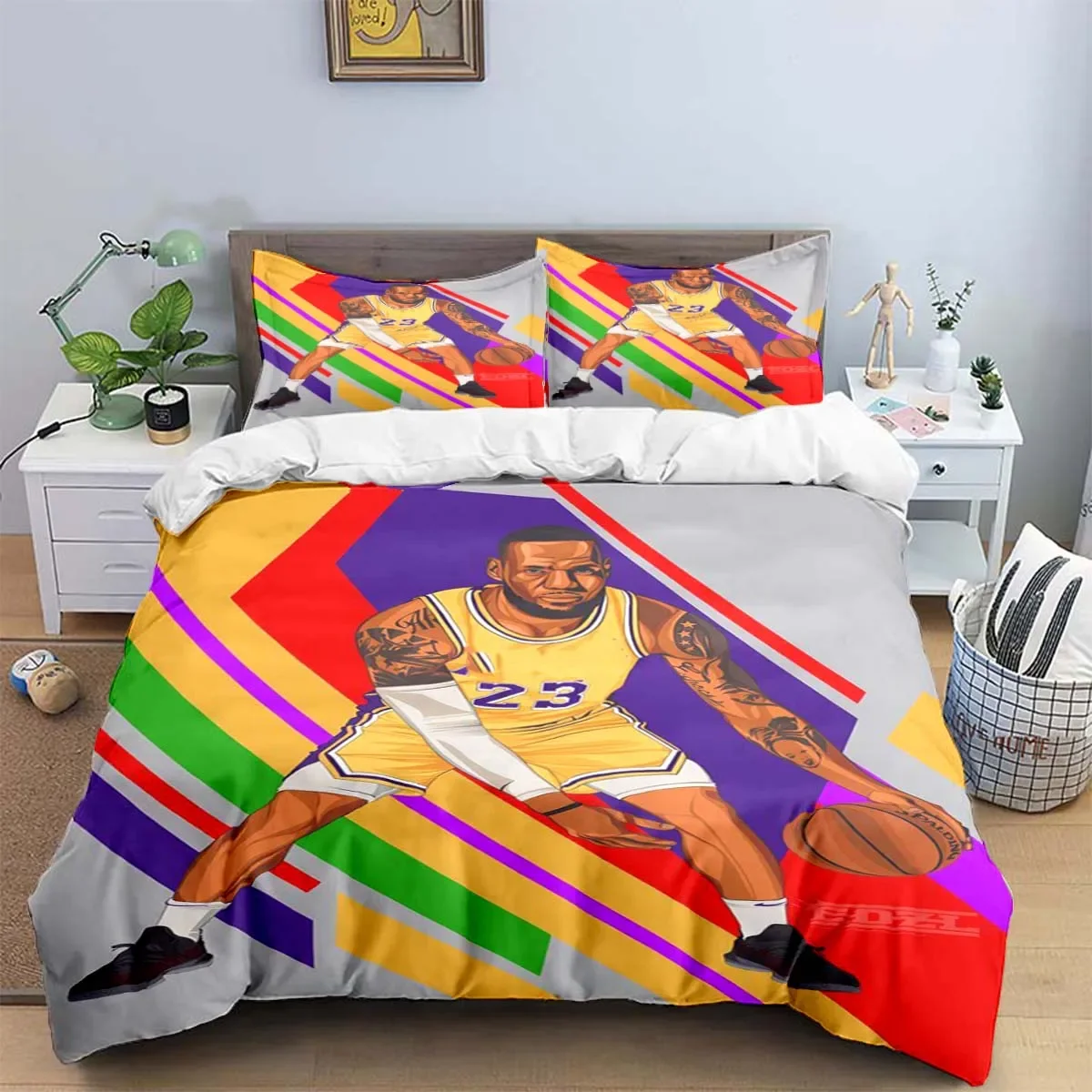 Meet Pallacanestro Lebron James Set Biancheria da Letto, Composto da Copripiumino E 2 Federe, in Microfibra, con Stampa Digitale 3D (Stile 02 ,Singolo(150x200cm+1/75x50cm