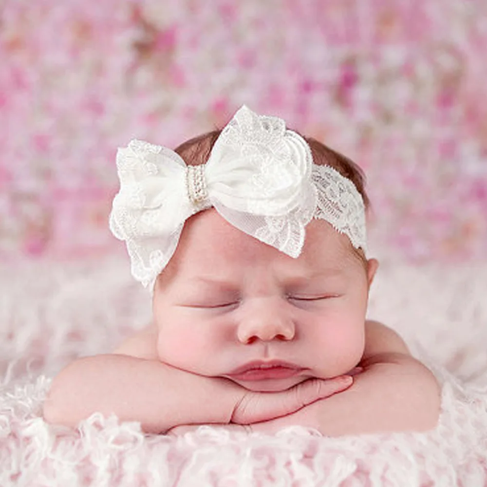 

Newborn Baby Girls White Lace Bow Headband Infant Diamond Pearl Hair Accessories Birthday Photo Prop Headwear for Toddlers