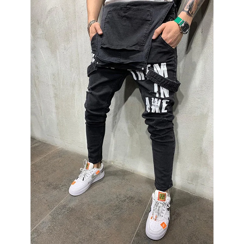 Men Jeans Men Suspenders Denim Jumpsuit Letters Denim Trousers Fashion Overalls Men's Ripped Printed Jeans Men Streetwear