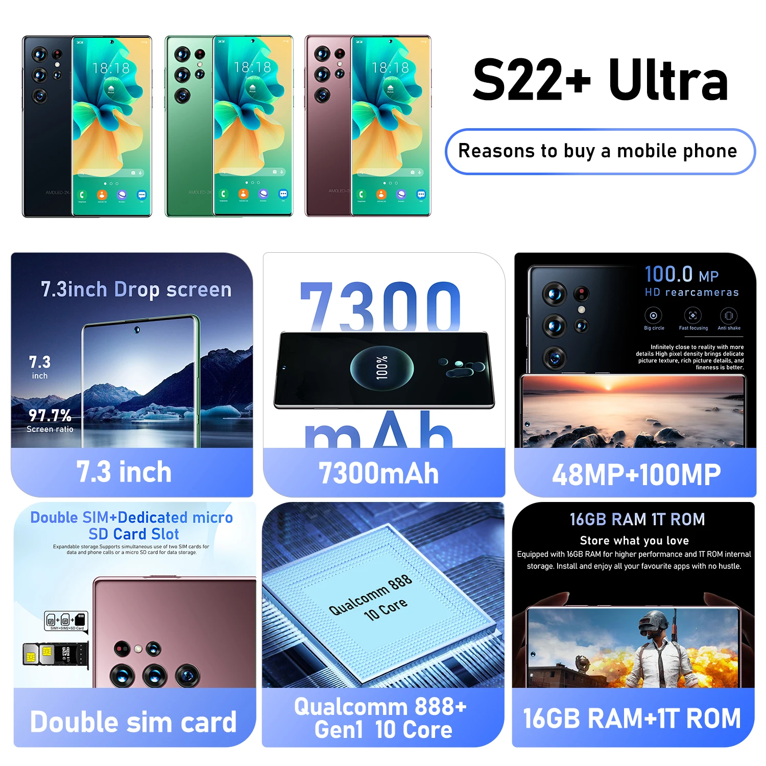 Телефон с 7,3 дюймовым экраном, 16 ГБ + 1 ТБ, Android 12 | АлиЭкспресс