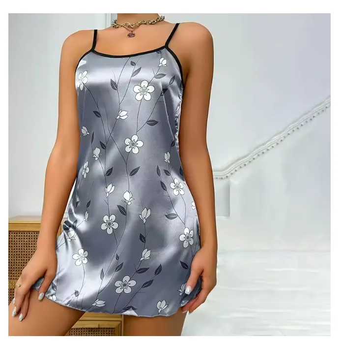 Women Lingerie Nightgown Nightdress Silk Satin Floral Pinting Sleepwear Mini Dress