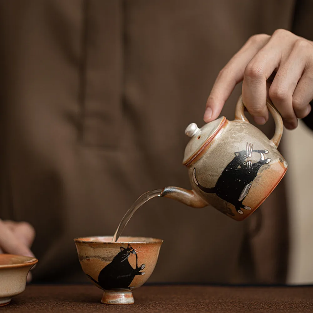 Handmade Gilt Silver Cat Teapot Japanese Wood-fired Porcelain Zhiye Pot Tea Maker Kettle Tea Services Accessories Collection
