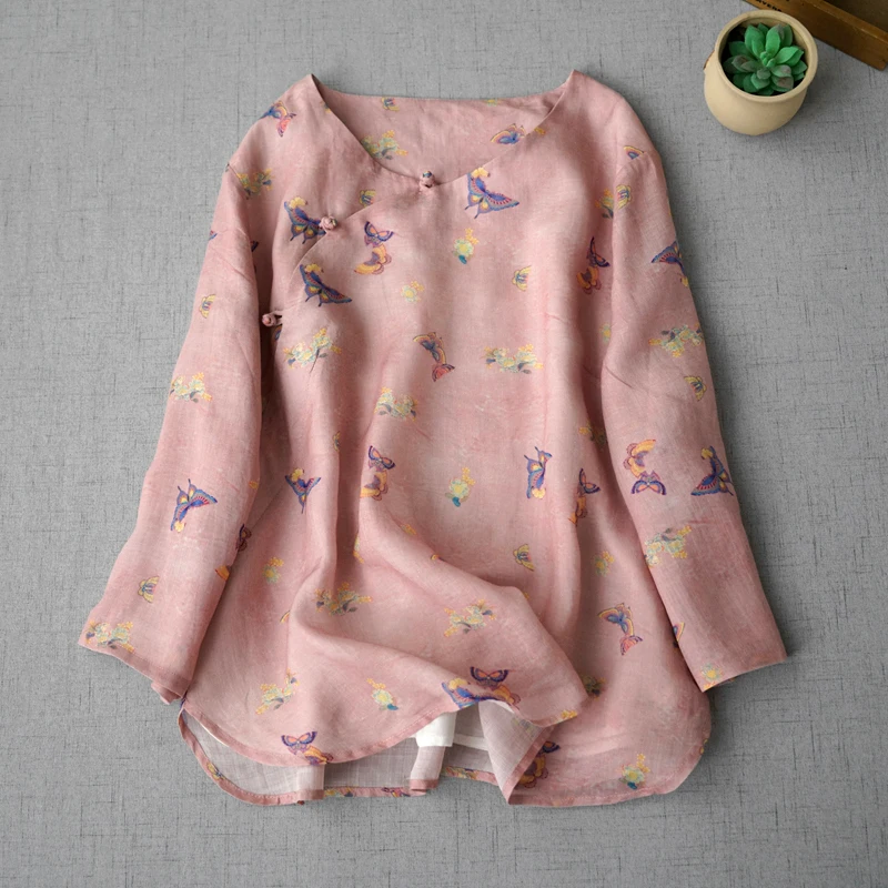 

Summer Women Loose Sweet Floral Embroider Chinese Button Comfortable Water Washed Thin Lightweight Ramie Pullover Shirts/Blouses